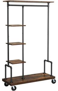 Rustikalni stalak za odjeću na kotačima, mobilni stalak za odjeću na pet razina i metalnim cijevima, 103,5 x 40 x 174,5 cm