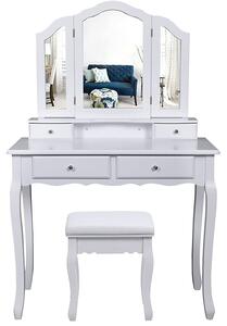 Set toaletnog stolića sa četiri ladice, tri ogledala i tapeciranom stolicom, 90 x 145 x 40 cm