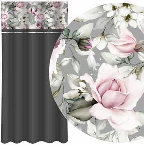 Jednostavna tamno siva zavjesa s printom ružičastih božura Širina: 160 cm | Duljina: 250 cm