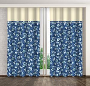 Plava zavjesa s printom bijelih i plavih cvjetova i krem obrubom Širina: 160 cm | Duljina: 270 cm