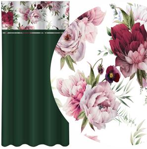 Jednostavna tamnozelena zavjesa s printom ružičastih i bordo božura Širina: 160 cm | Duljina: 250 cm