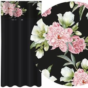 Jednostavna crna zavjesa s printom ružičastih i bijelih božura Širina: 160 cm | Duljina: 250 cm