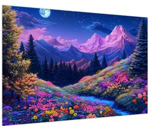 Slika - Ljubičasti krajolik pri punom mjesecu (90x60 cm)