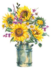 Fotografija Watercolor rustic farmhouse sunflower bouquet, vintage, Varvara Kurakina