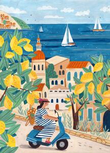 Ilustracija Travel poster woman on the Amalfi coast, Lorenzo A Roe
