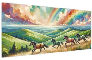 Slika – Konji koji galopiraju kroz krajolik (120x50 cm)