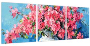Slika - Vaza s ružičastim cvijećem (sa satom) (90x30 cm)