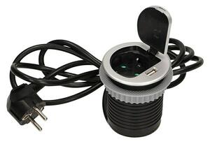 Ugradbena utičnica (Broj šuko utičnica: 1 Kom., USB priključak, Crno - srebrne boje, Dužina kabela: 1,9 m)