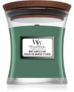 Woodwick Mint Leaves & Oak mirisna svijeća s drvenim fitiljem 85 g