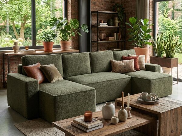 Razvlačna U kutna garnitura SMART BOUCLE 303x143 cm, tamno zelena