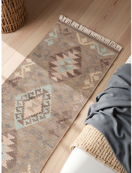 Svijetlo plava/bež obostrana/ručno rađena vunena staza 60x190 cm Kamal Dune – Nouristan