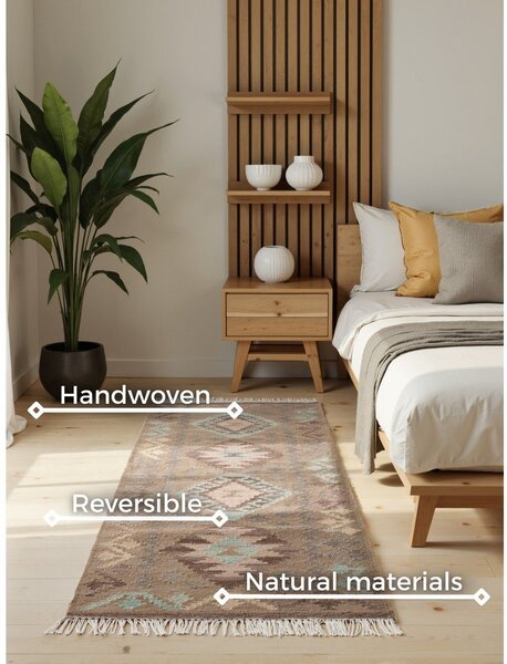 Svijetlo plava/bež obostrana/ručno rađena vunena staza 60x190 cm Kamal Dune – Nouristan