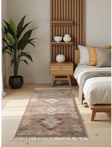 Svijetlo plava/bež obostrana/ručno rađena vunena staza 60x190 cm Kamal Dune – Nouristan