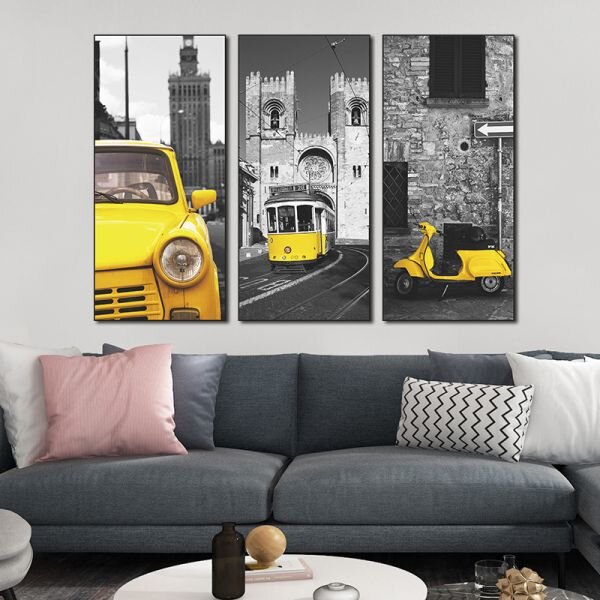 Zidna naljepnica u tri dijela Vintage Yellow Vehicles