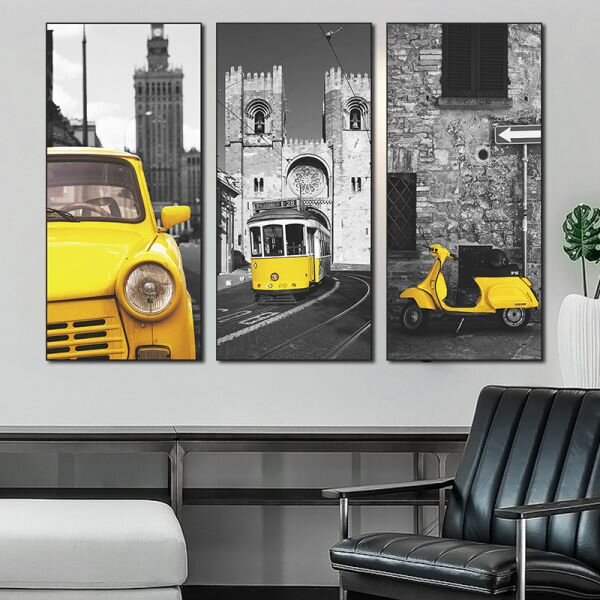 Zidna naljepnica u tri dijela Vintage Yellow Vehicles