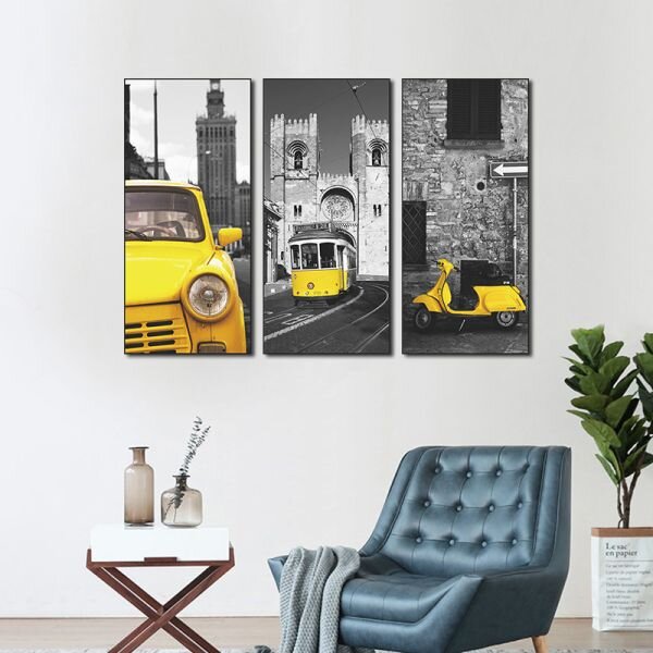 Zidna naljepnica u tri dijela Vintage Yellow Vehicles