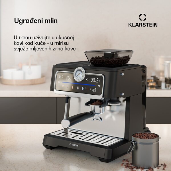 Klarstein GrandPresso Touch aparat za kavu, 20 barova, integrirani mlin, indikator tlaka, mliječna pjena