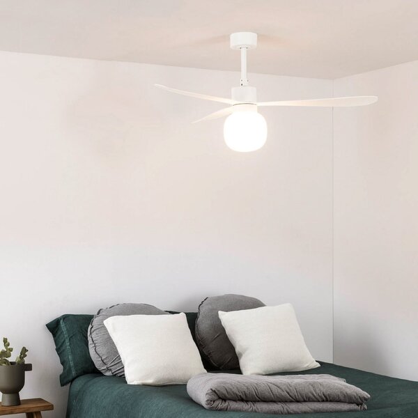 FARO BARCELONA Stropni ventilator Amelia Ball L LED, bijeli, DC, tih, 132 cm, prigušiva, Bijela, Dnevni boravak/blagovaonica, Plastika