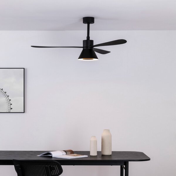 FARO BARCELONA Stropni ventilator Amelia Cone L LED, crni, tih, 132 cm, prigušiva, Crno, Dnevni boravak/blagovaonica, Plastika