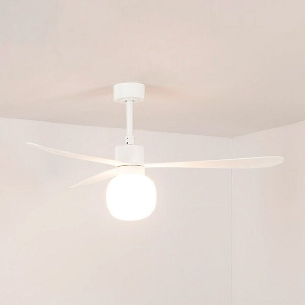 FARO BARCELONA Stropni ventilator Amelia Ball L LED, bijeli, DC, tih, 132 cm, prigušiva, Bijela, Dnevni boravak/blagovaonica, Plastika