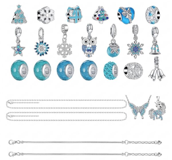 Adventski kalendar BLUE DIAMONDS s narukvicama, lancima i privjescima, plava/srebrna