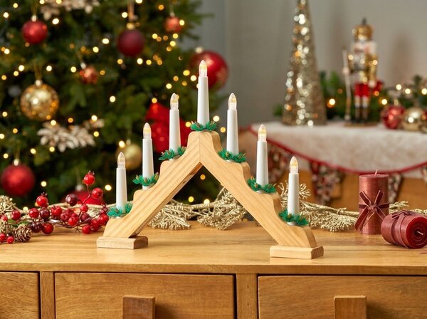 Božićni svijećnjak za prozor HOLLY NIGHT drveni 7 LED, bijeli