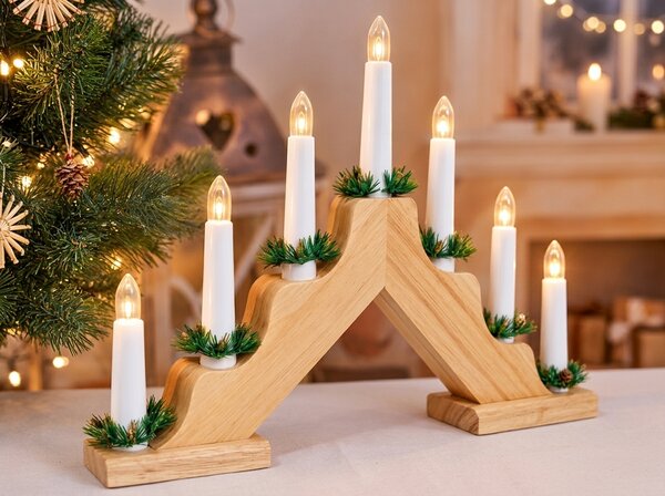 Božićni svijećnjak za prozor HOLLY NIGHT drveni 7 LED, bijeli