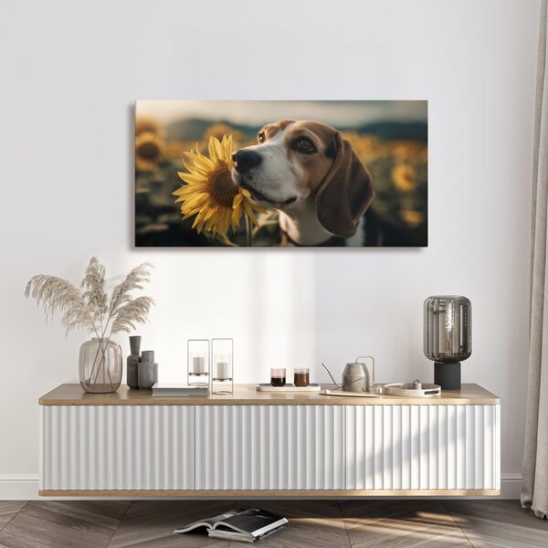 Slika beagle sa suncokretom