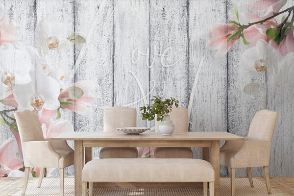 Tapeta vintage orhideja s natpisom - Love begins at home