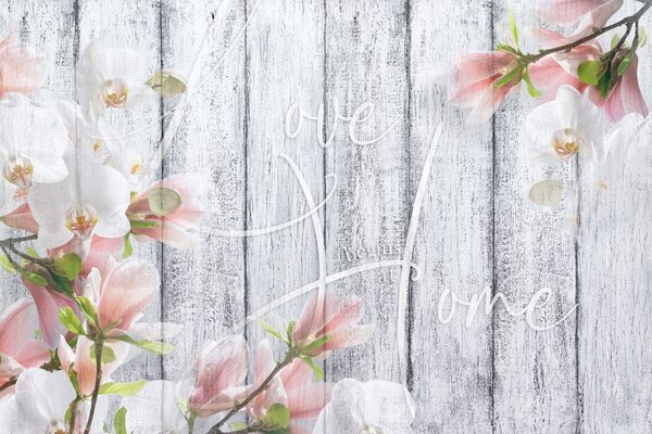 Tapeta vintage orhideja s natpisom - Love begins at home