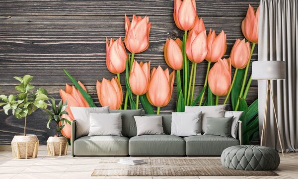 Fototapeta narančasti tulipani na drvenoj podlozi