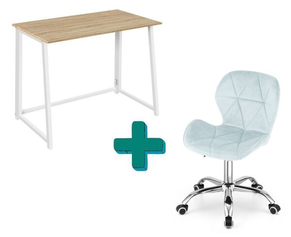 Set za ured – sklopivi radni stol ZARIMO 80×40 cm bijeli + uredska stolica AVOLA VELVET svijetloplava