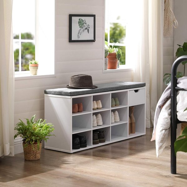 Ormarić za cipele s klupom s sivim sjedalom i ladicom WESO WHITE 104x30x48 cm, bijeli