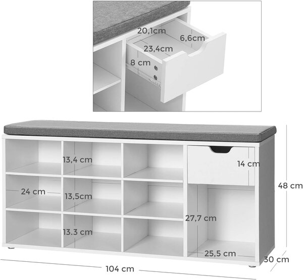 Ormarić za cipele s klupom s sivim sjedalom i ladicom WESO WHITE 104x30x48 cm, bijeli