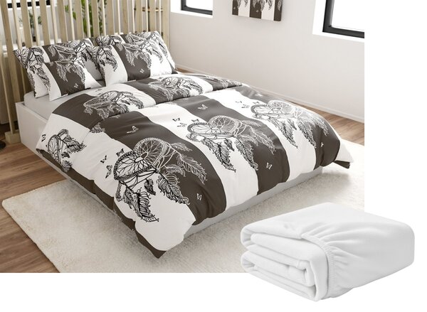 Set posteljine od mikropliša TIRSO sivo-bijele boje + plahta od mikropliša SOFT 90x200 cm bijela, za jedan krevet