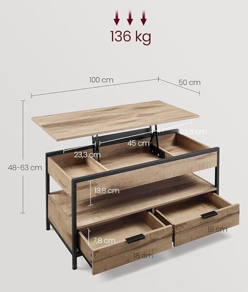 Podesivi konferencijski stol GASPAR, 50x100x(48–63)cm, camel smeđi/crni Vasagle