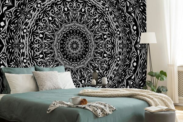 Tapeta Mandala u vintage stilu u crno-bijelom dizajnu