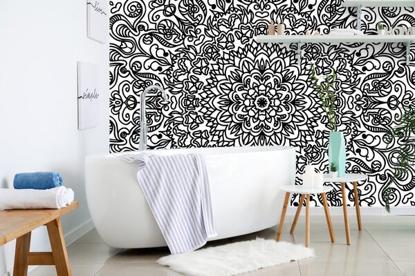 Tapeta ornament s motivom cvijeća u crno-bijelom dizajnu
