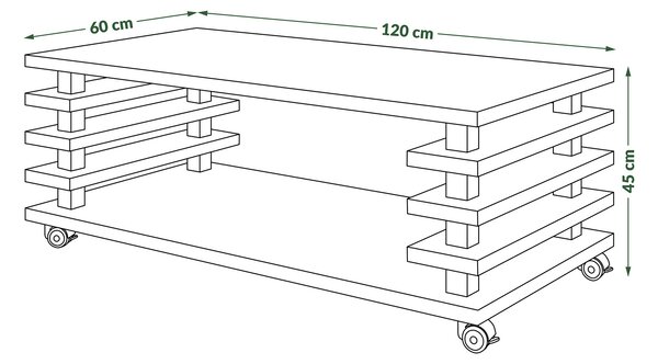 PORTO Hrast Artisan - MODERAN STOLIĆ ZA KAVU SA LAMELAMA 2-u-1, S KOTAČIĆIMA/NOGICAMA
