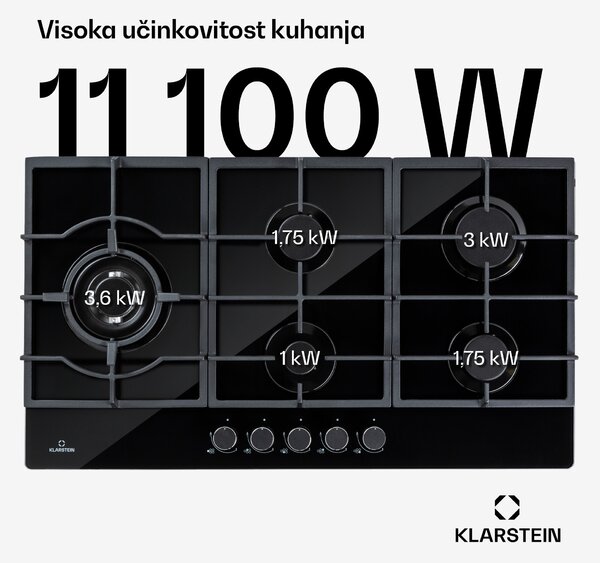 Klarstein Ignito Chef Edition, 5 zona, plinska ploča, 5 plamenika, Sabaf plamenici, keramička ploča