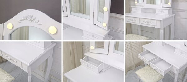 JAKS Toaletni stolić bijeli MDF s LED ogledalom i cvjetnim tabureom TL14 Rose