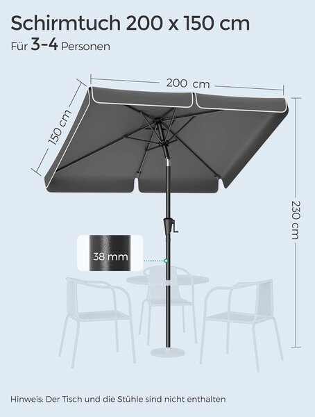 Sivi balkon suncobran 200 × 150 cm, pravokutni, s UPF 50+ zaštitom od sunca, bez baze