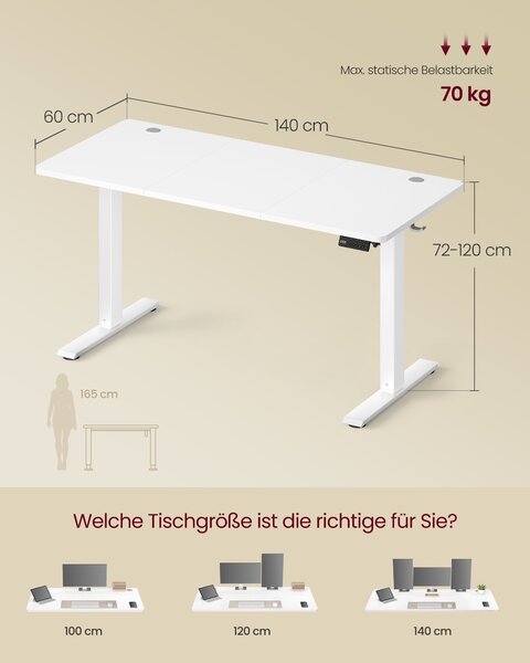 Električni računalni stol podesive visine, 140 x 60 x (72–120) cm, oblak bijeli