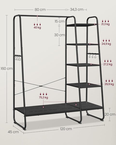 Stalak za odjeću s policama, nosivosti do 220kg, 45 × 120 × 160 cm, crni