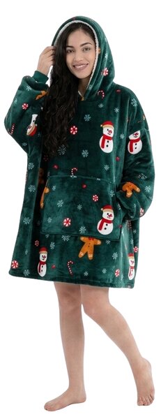 Topla deka s imitacijom ovčjeg krzna, s rukavima i kapuljačom SNOWMAN AND GINGERBREAD, zelena