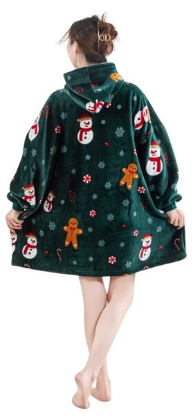 Topla deka s imitacijom ovčjeg krzna, s rukavima i kapuljačom SNOWMAN AND GINGERBREAD, zelena