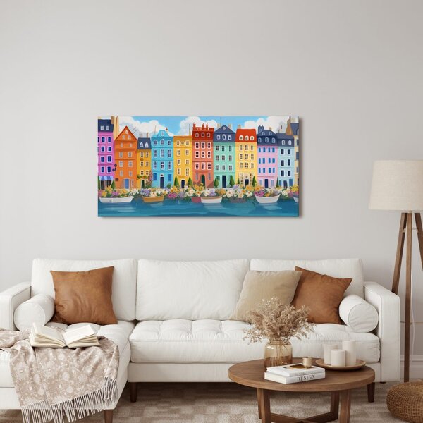 Slika romantična rijeka i kuće