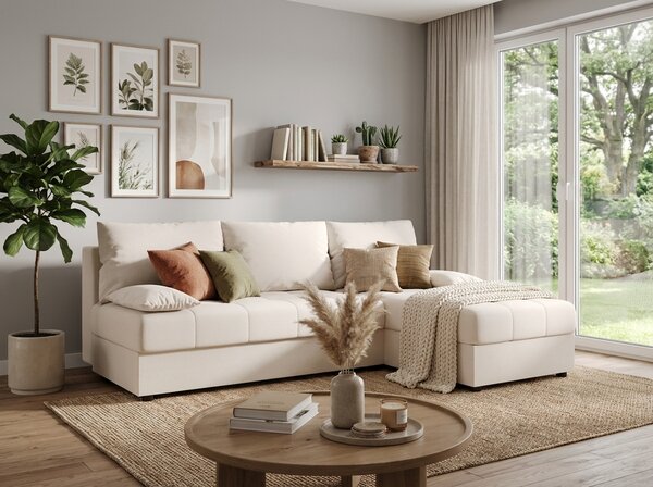 Razvlačna kutna garnitura L VENORIA SLIM 200x143 cm, krem + 2 jastuka GRATIS, univerzalna