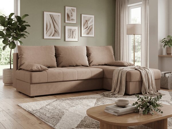 Razvlačna kutna garnitura L VENORIA SLIM 200x143 cm, bež + 2 jastuka GRATIS, univerzalna