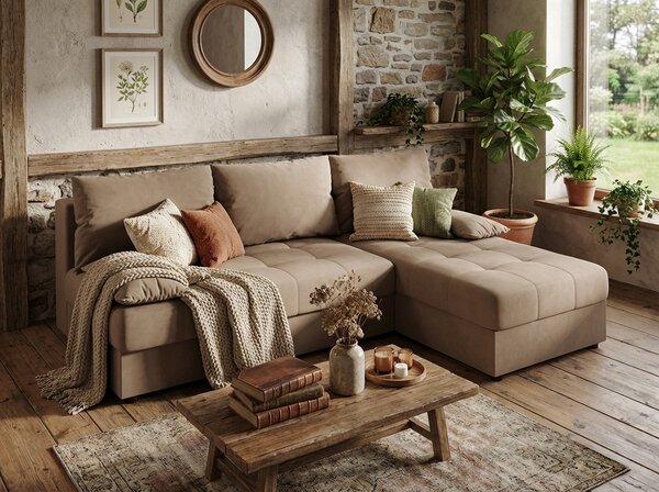 Razvlačna kutna garnitura L VENORIA SLIM 200x143 cm, bež + 2 jastuka GRATIS, univerzalna